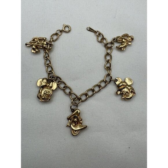 DISNEY Vtg Kids Gold Tone Charm Bracelet Mickey Minnie Donald Pluto Collectible - Picture 1 of 7